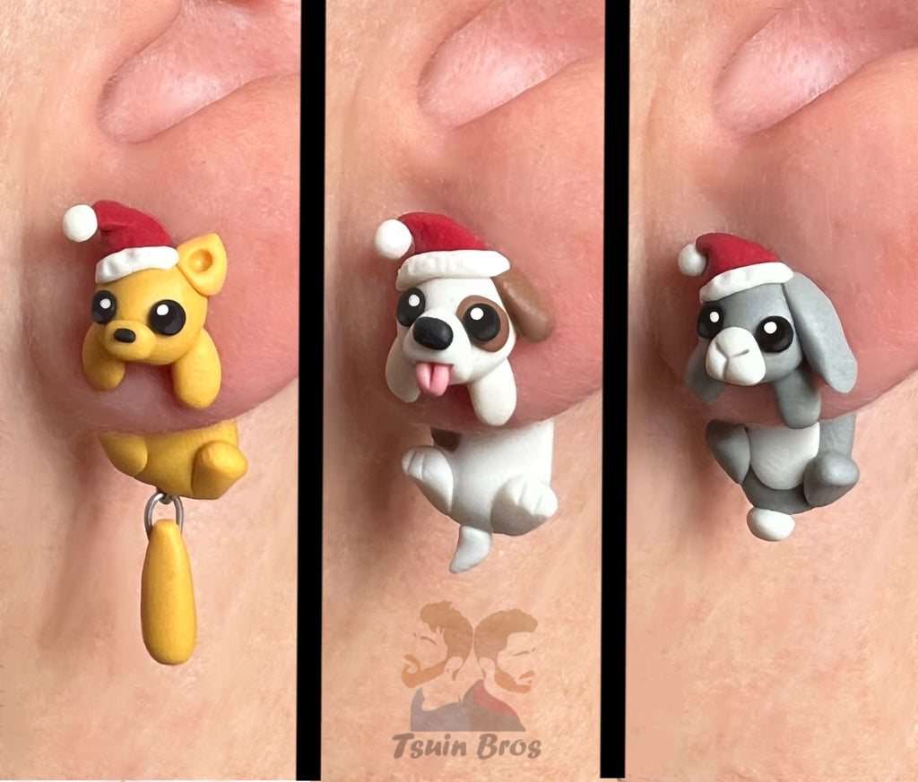 Christmas Pets: Cat, Dog or Rabbit – Stud Earrings - Handcrafted Polymer Clay Earrings – Hypoallergenic Lightweight Gift for Animal Lovers.