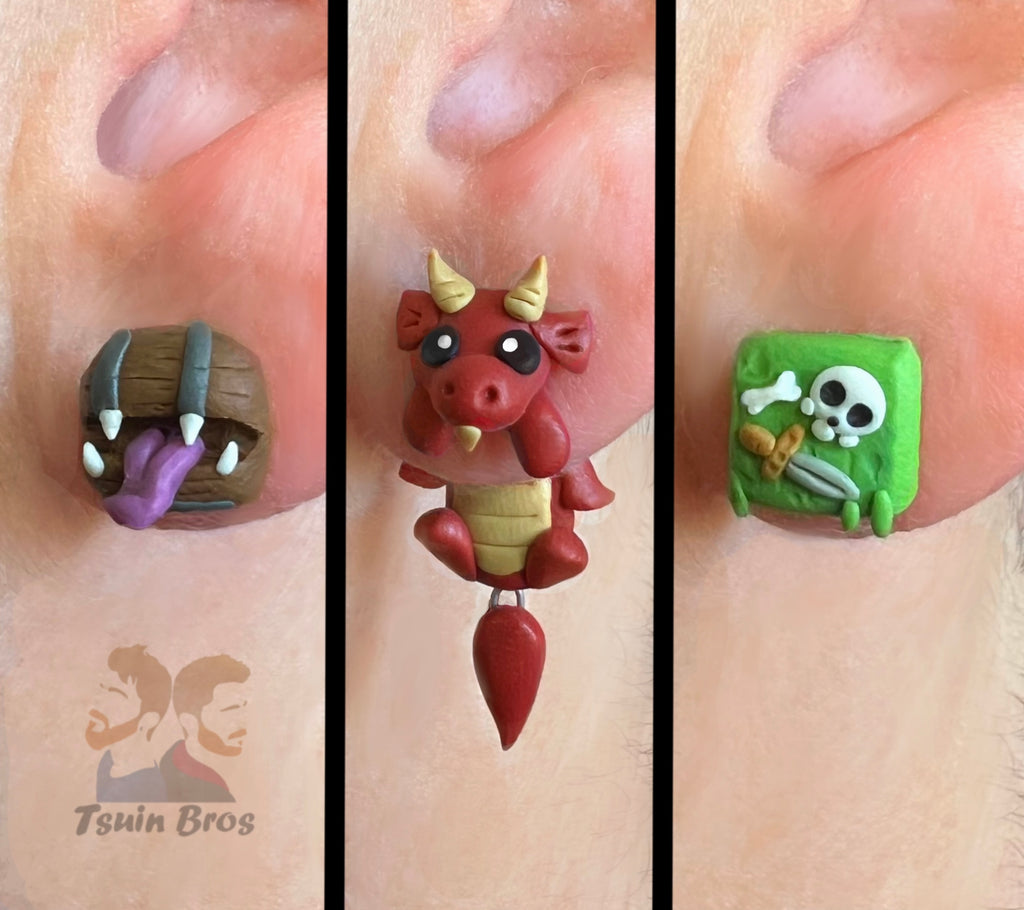 Dungeon Monster Earrings: Chest, Dragon and Slime – Stud Earrings - Handcrafted Polymer Clay Earrings – Hypoallergenic Lightweight Gift for animal lovers