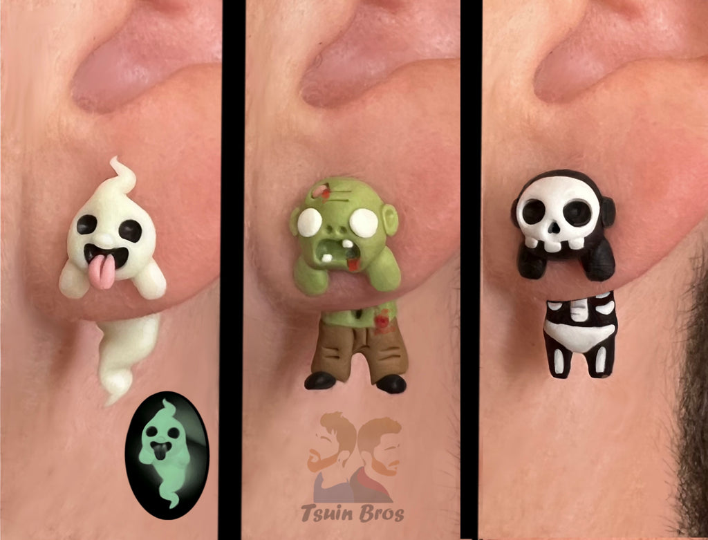 Halloween Earrings – Stud Earrings - Handcrafted Polymer Clay Earrings – Hypoallergenic Lightweight Gift for Spooky Season Lovers. Halloween jewelry - Ghost, Zombie or Skeleton.