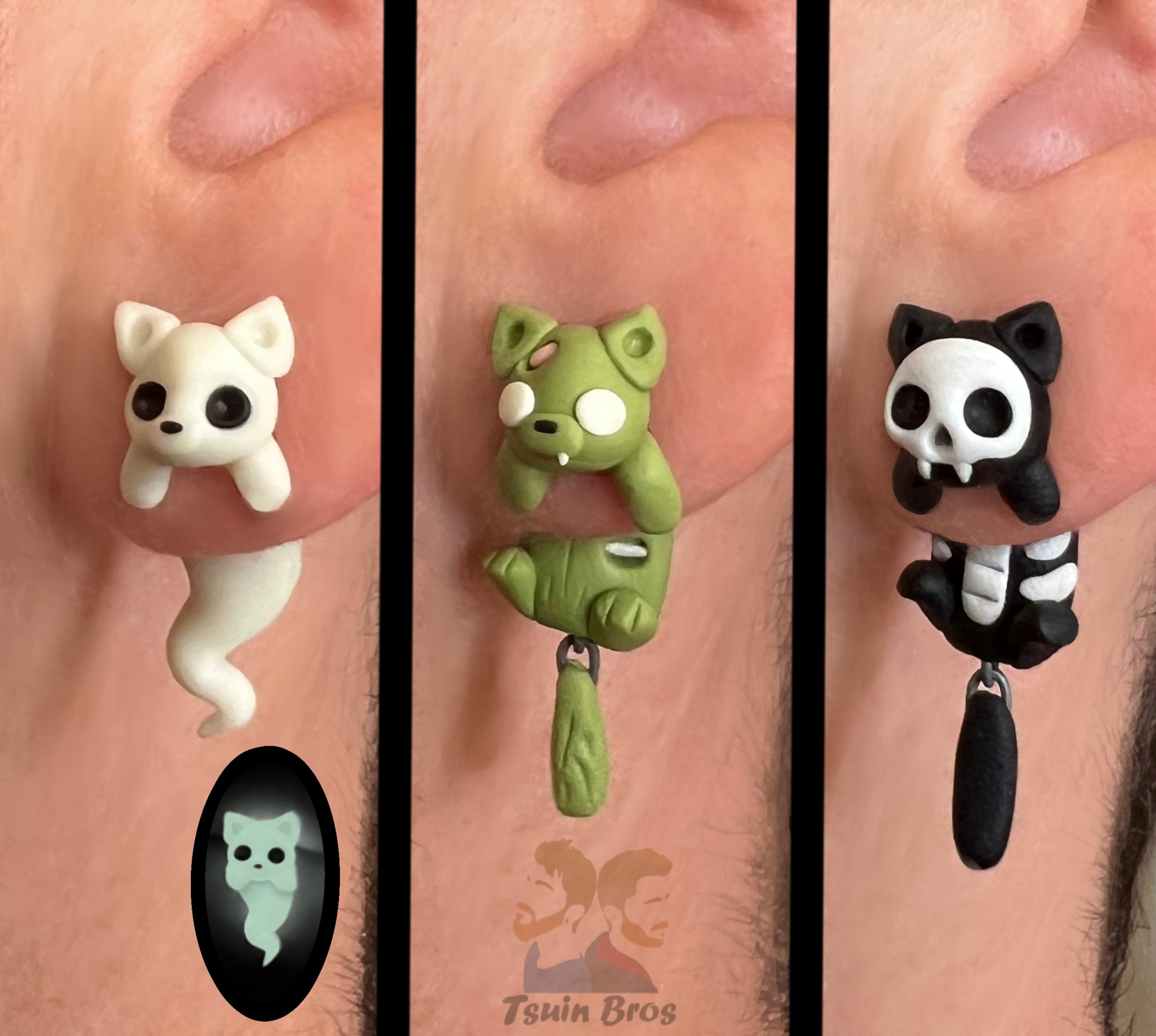Cat Earrings – Stud Earrings - Handcrafted Polymer Clay Cat Earrings – Hypoallergenic Lightweight Gift for Cat Lovers. Halloween jewelry - Ghost, Zombie or Skeleton