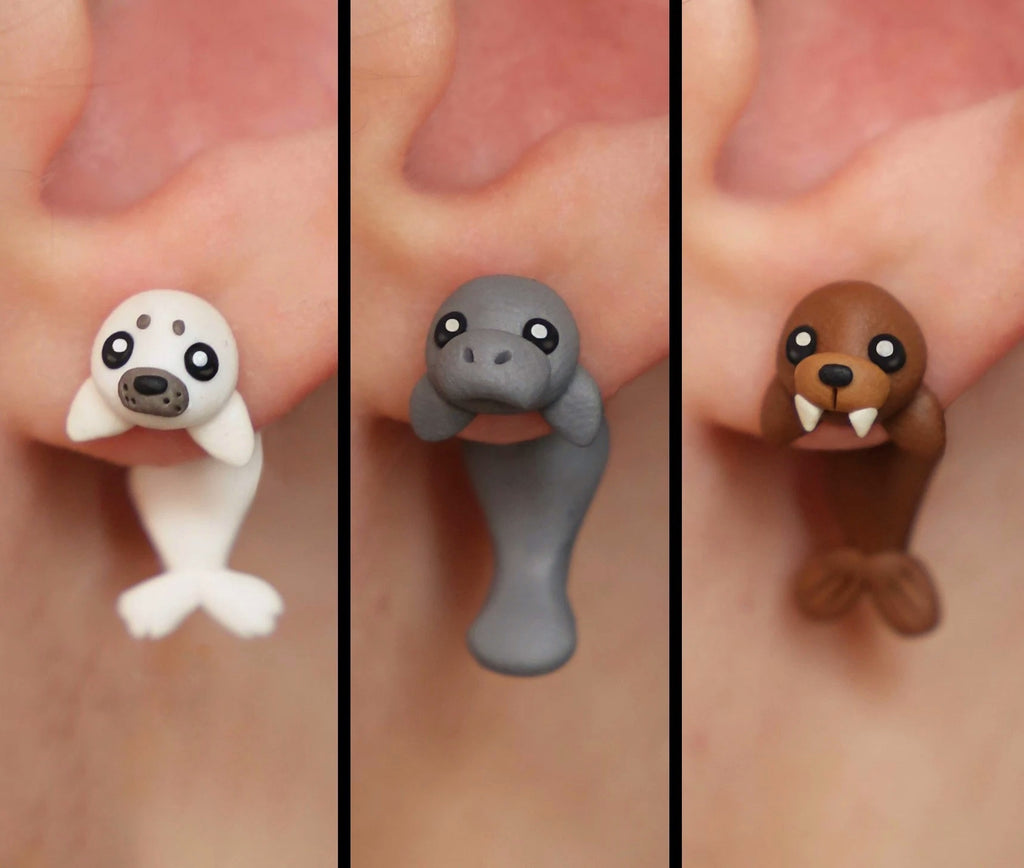 Animal Earrings: Seal, Manatee and Walrus – Stud Earrings - Handcrafted Polymer Clay Earrings – Hypoallergenic Lightweight Gift for Animal Lovers.