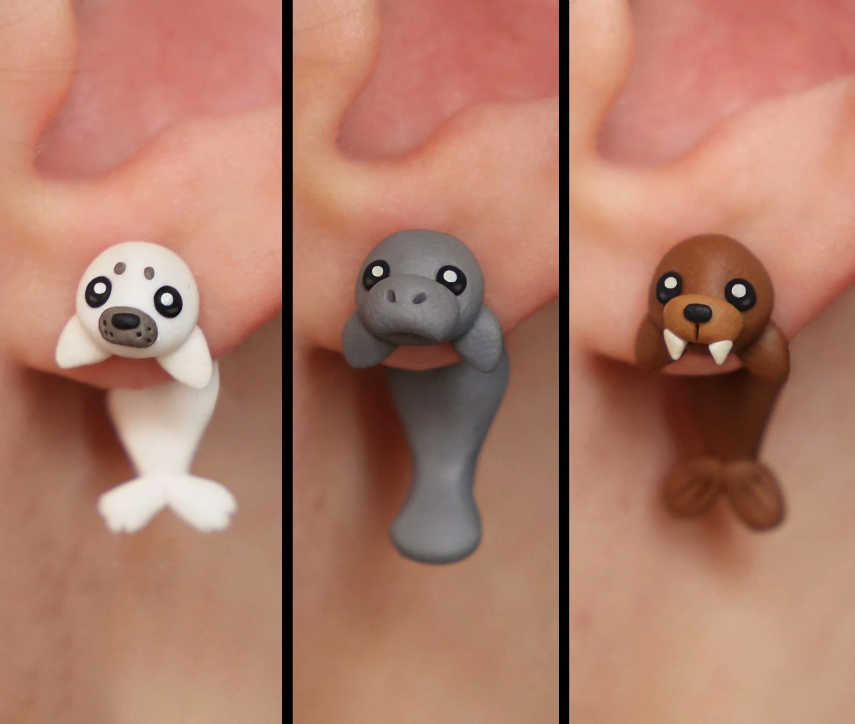 Animal Earrings: Seal, Manatee and Walrus – Stud Earrings - Handcrafted Polymer Clay Earrings – Hypoallergenic Lightweight Gift for Animal Lovers.