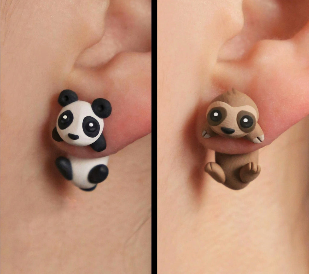 Aminal Earrings: Panda or Sloth – Stud Earrings - Handcrafted Polymer Clay Earrings – Hypoallergenic Lightweight Gift for Animal Lovers.
