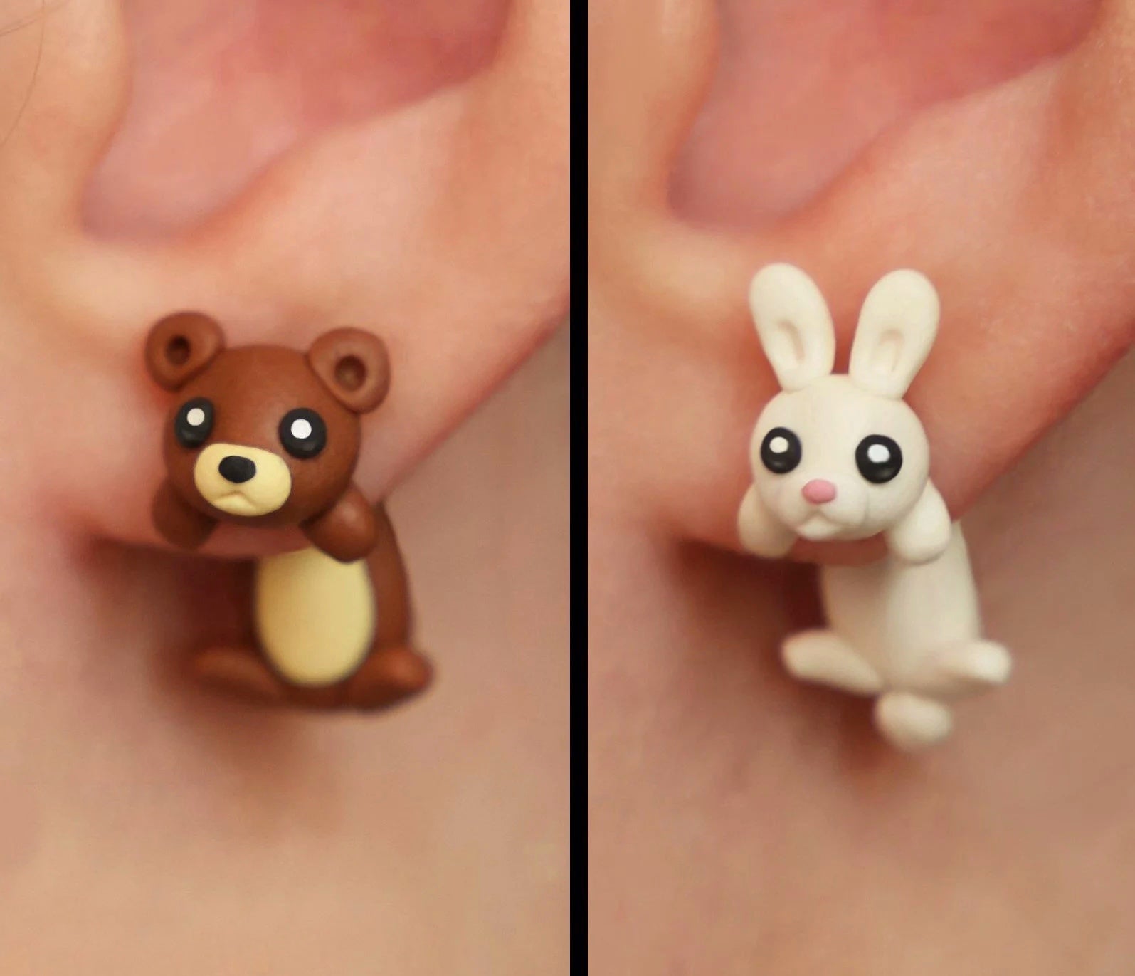 Animal Earrings: Bear or Rabbit – Stud Earrings - Handcrafted Polymer Clay Earrings – Hypoallergenic Lightweight Gift for Animal Lovers.
