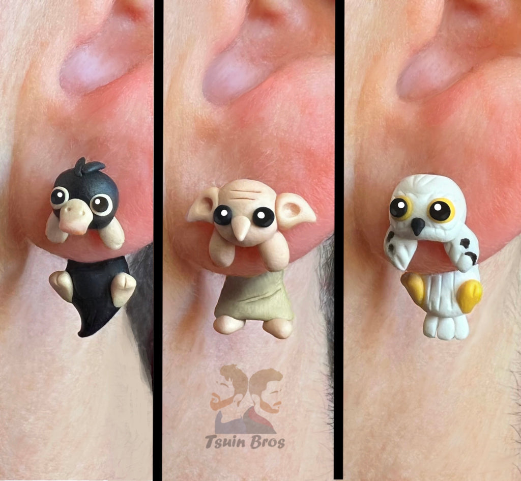 Magic Creatures Earrings: Platypus, House Elf And Snowy Owl – Stud Earrings - Handcrafted Polymer Clay Earrings – Hypoallergenic Lightweight Gift for Witches and Wizards