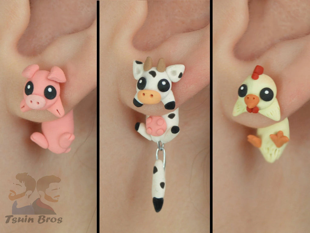 Pig, Cow or Hen Earrings – Stud Earrings - Handcrafted Polymer Clay Earrings – Hypoallergenic Lightweight Gift for Animal Lovers.