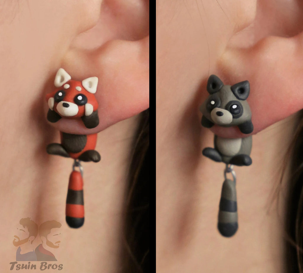 Red Panda or Raccoon Earrings – Stud Earrings - Handcrafted Polymer Clay Earrings – Hypoallergenic Lightweight Gift for Animal Lovers.