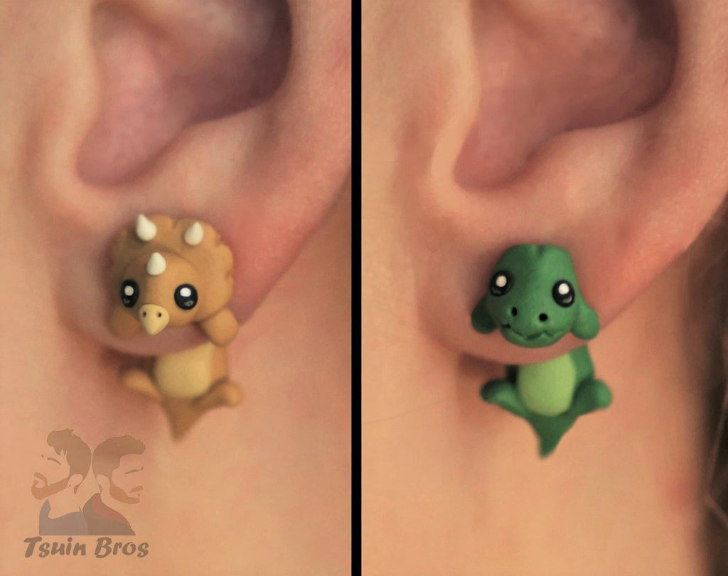Triceratops or T-Rex Earrings – Stud Earrings - Handcrafted Polymer Clay Earrings – Hypoallergenic Lightweight Gift for Dinosaur Lovers.  Tyrannosaurus Rex