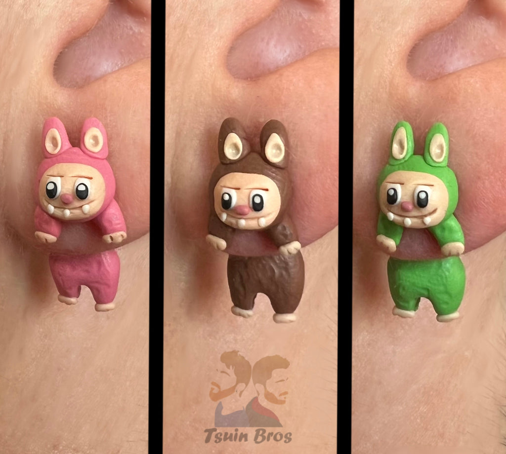 ✨ Handmade Labubu-inspired earrings made from colorful polymer clay — lightweight, fun, and full of personality! Available in pink, brown, green, or your own custom color 🎨💫