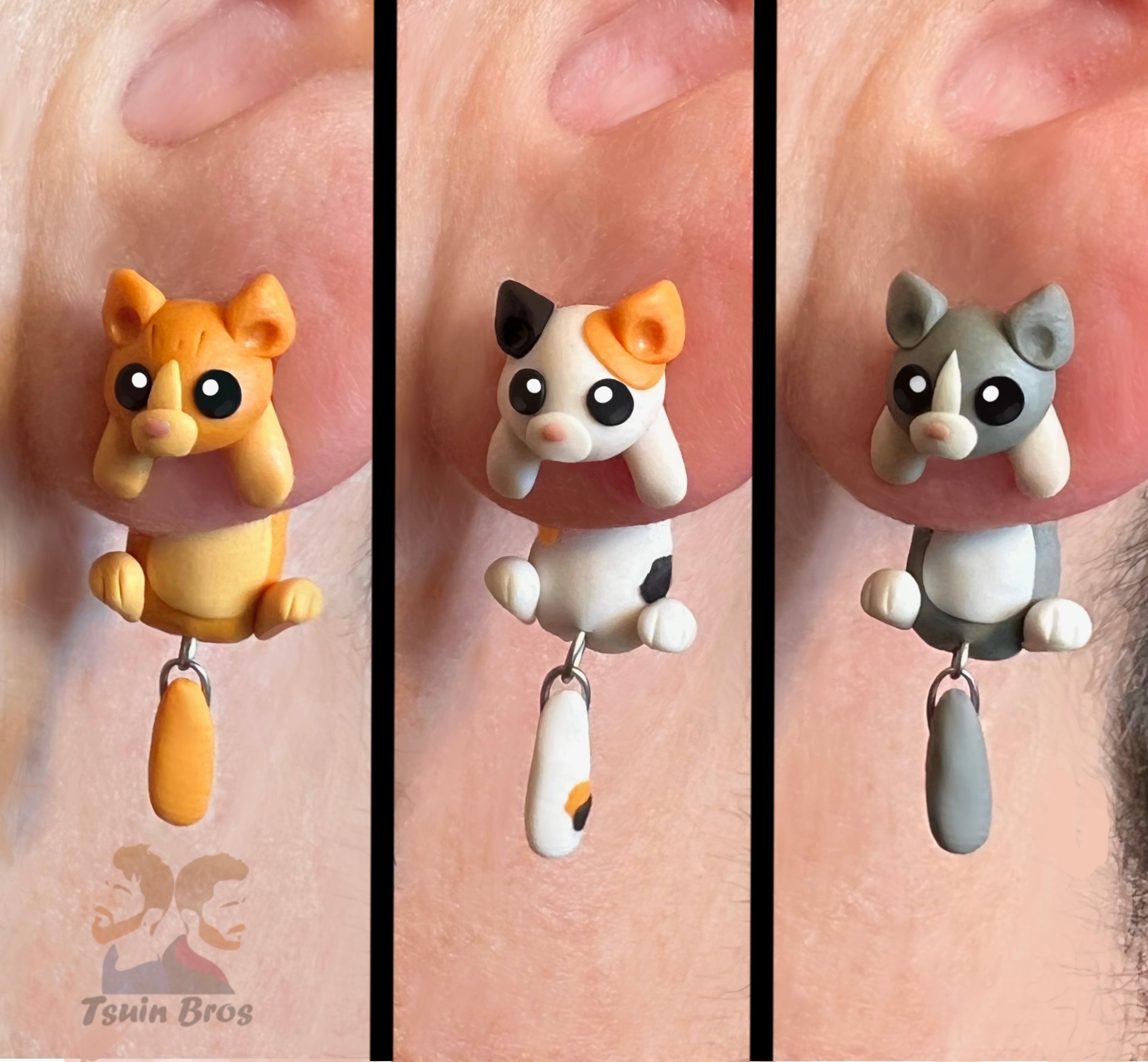 Cat Earrings – Stud Earrings - Handcrafted Polymer Clay Cat Earrings – Hypoallergenic Lightweight Gift for Cat Lovers. Orange, Tricolor or Grey.